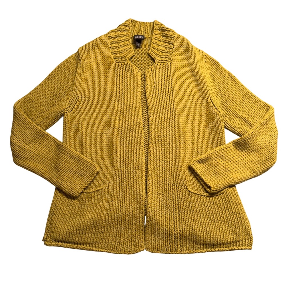 Eileen Fisher Olive Green Chunky Knit 100% Cotton Open Front Cardigan Small
